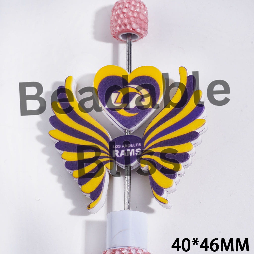 Printed Silicone Focal Beads American LA Football Pattern, Heart and Wing Set, 40*46MM