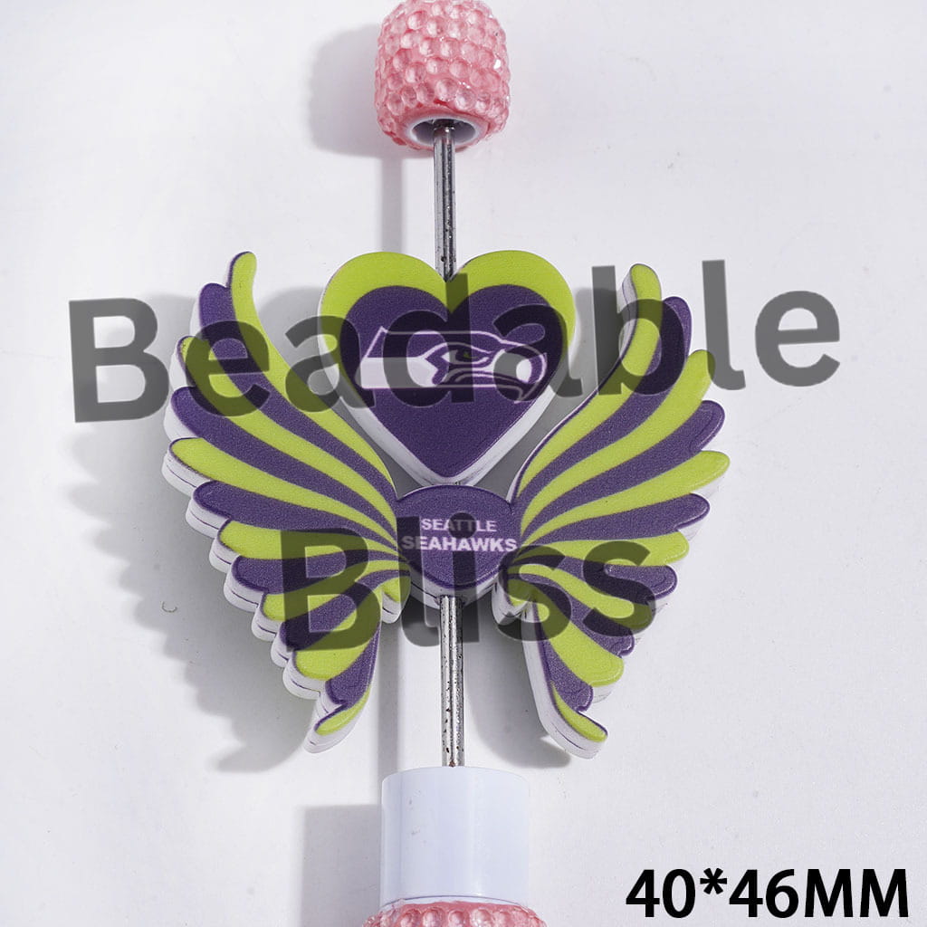 Printed Silicone Focal Beads American Seattle Football Team Pattern, Heart and Wing Set, 40*46MM