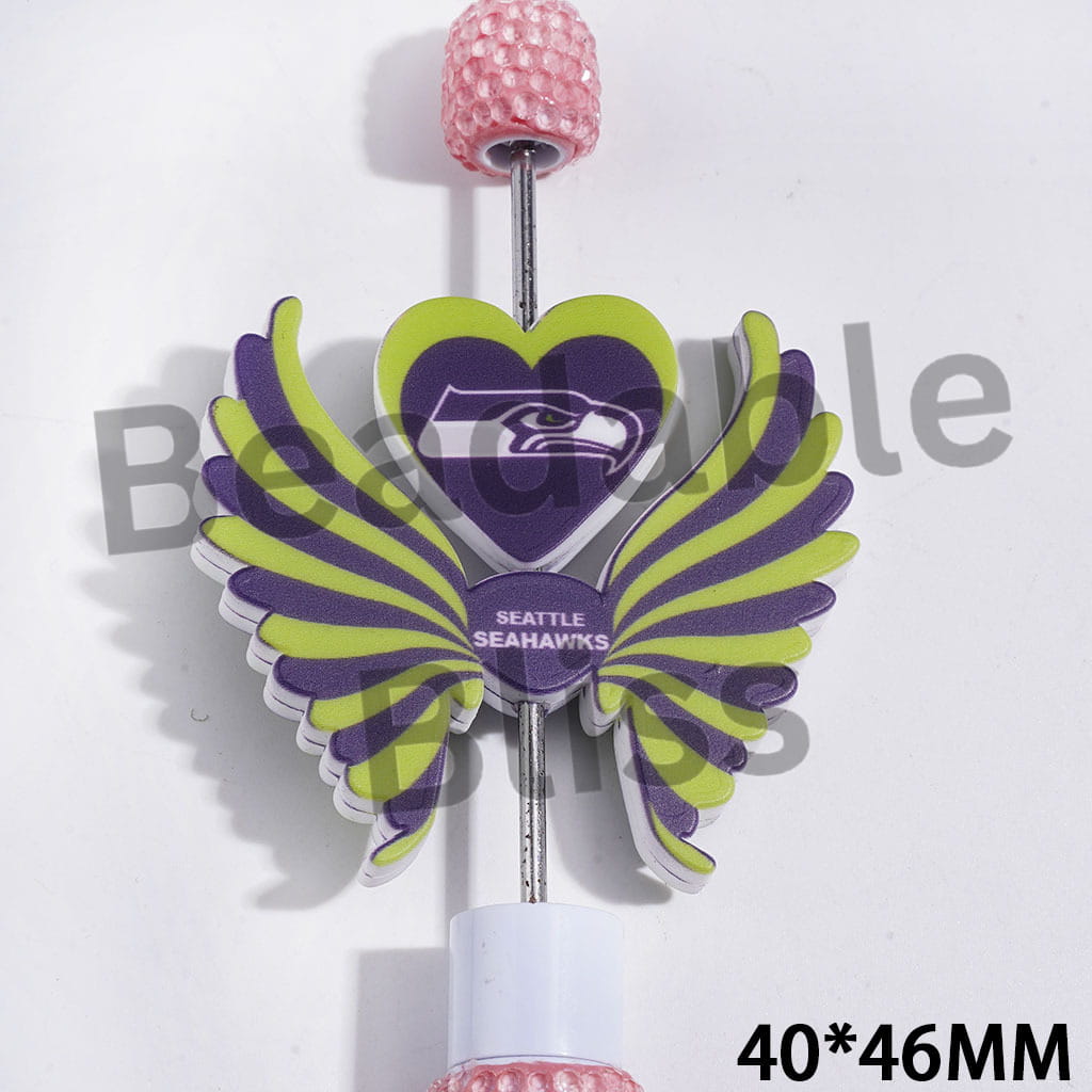 Printed Silicone Focal Beads American Seattle Football Team Pattern, Heart and Wing Set, 40*46MM