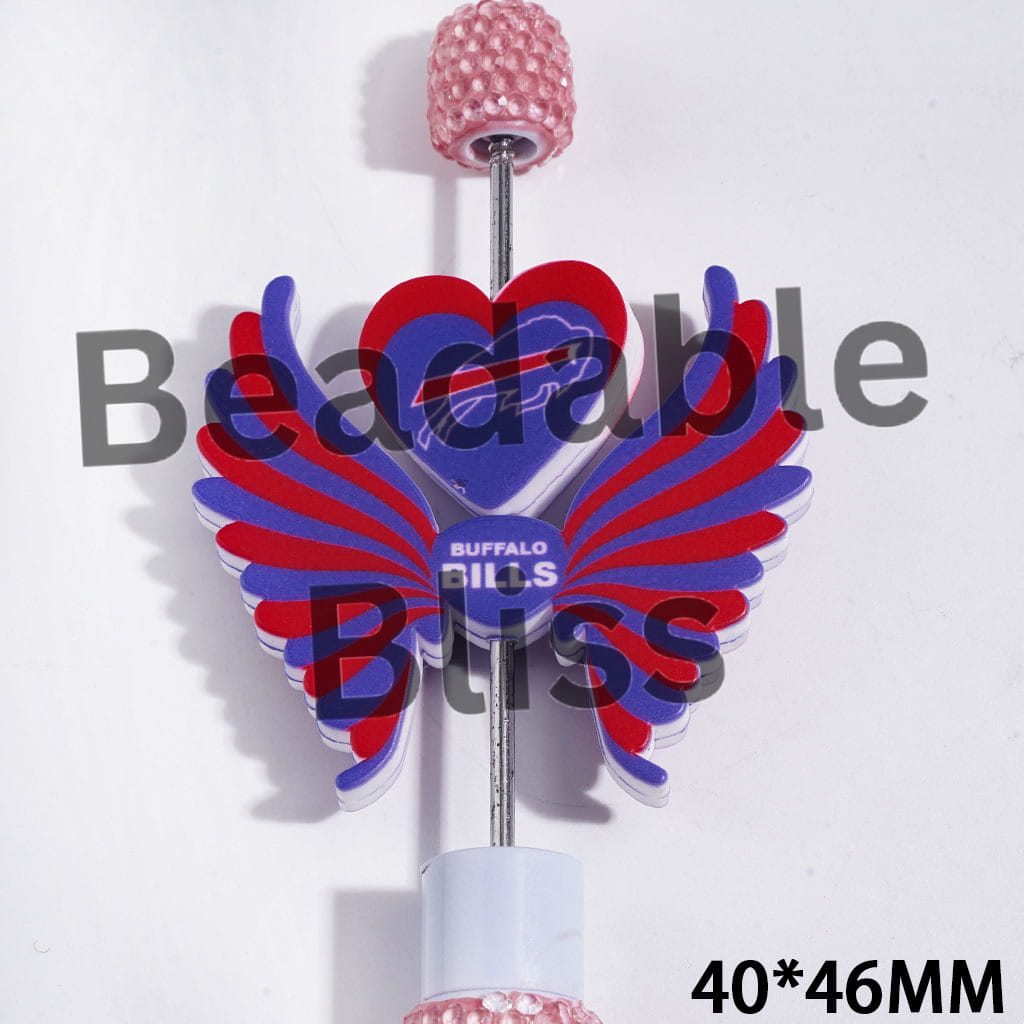 Printed Silicone Focal Beads American Football Buffalo Team Pattern, Heart and Wing Set, 40*46MM
