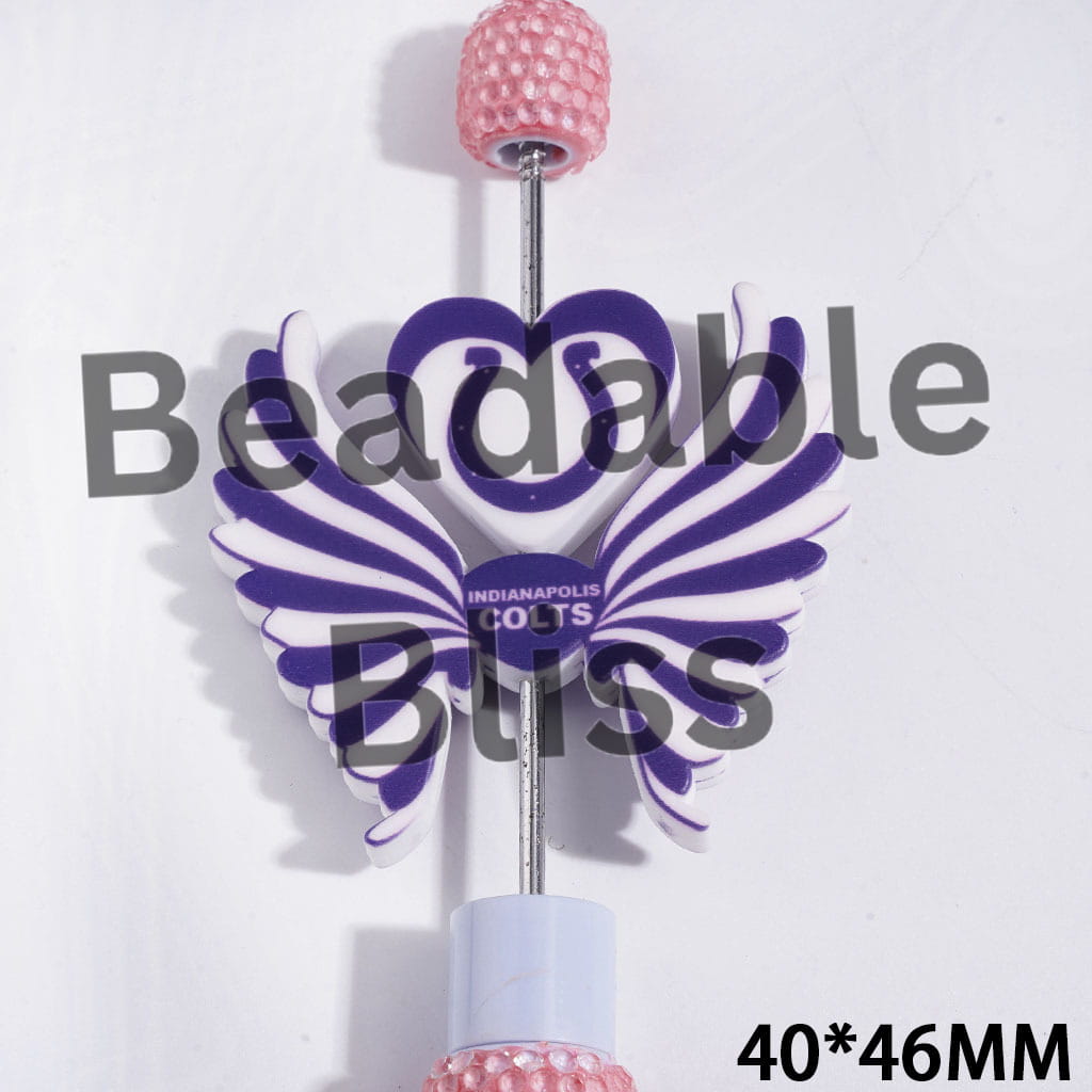 Printed Silicone Focal Beads American Indy Football Team Pattern, Heart and Wing Set, 40*46MM