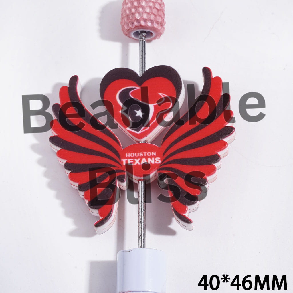 Printed Silicone Focal Beads Houston American Football Team Pattern, Heart and Wing Set, 40*46MM
