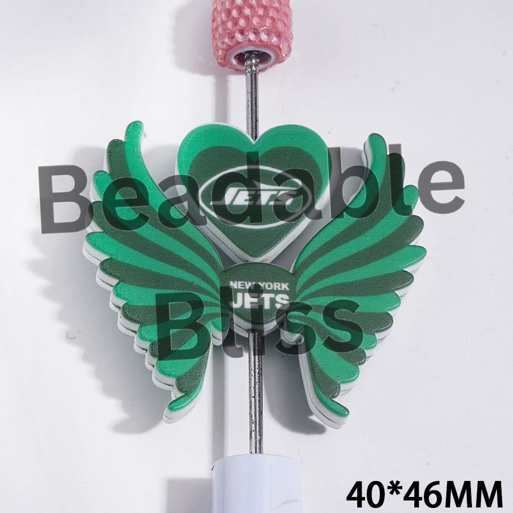 Printed Silicone Focal Beads NY Jets Football Team Pattern, Heart and Wing Set, 40*46MM