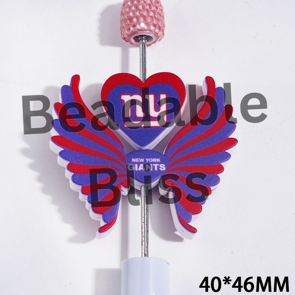 Printed Silicone Focal Beads NY Football Team Pattern, Heart and Wing Set, 40*46MM