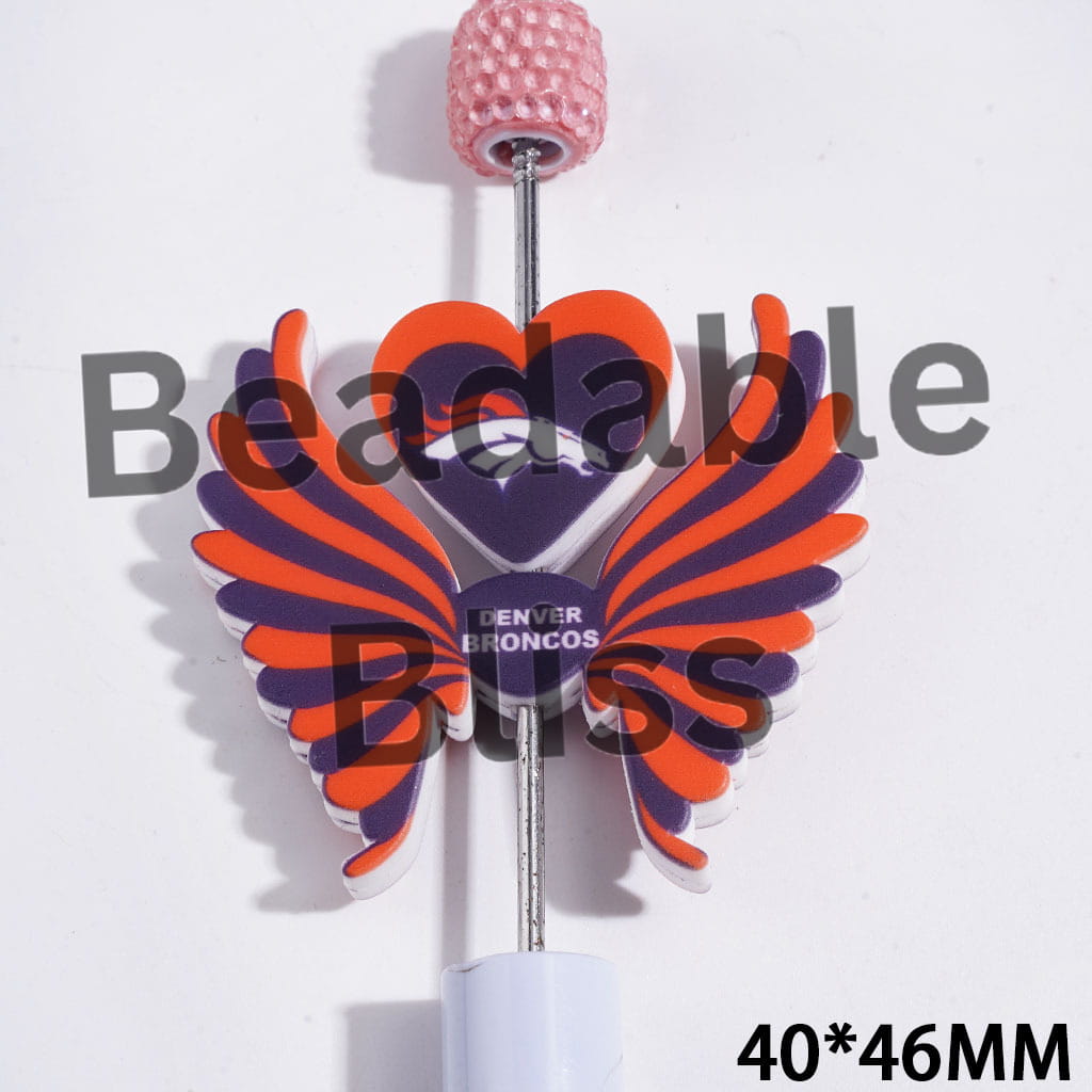 Printed Silicone Focal Beads Denver Football Team Pattern, Heart and Wing Set, 40*46MM