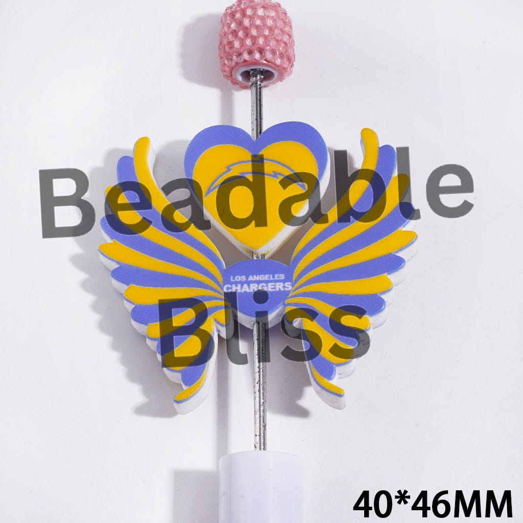 Printed Silicone Focal Beads LA Chargers Football Team Pattern, Heart and Wing Set, 40*46MM