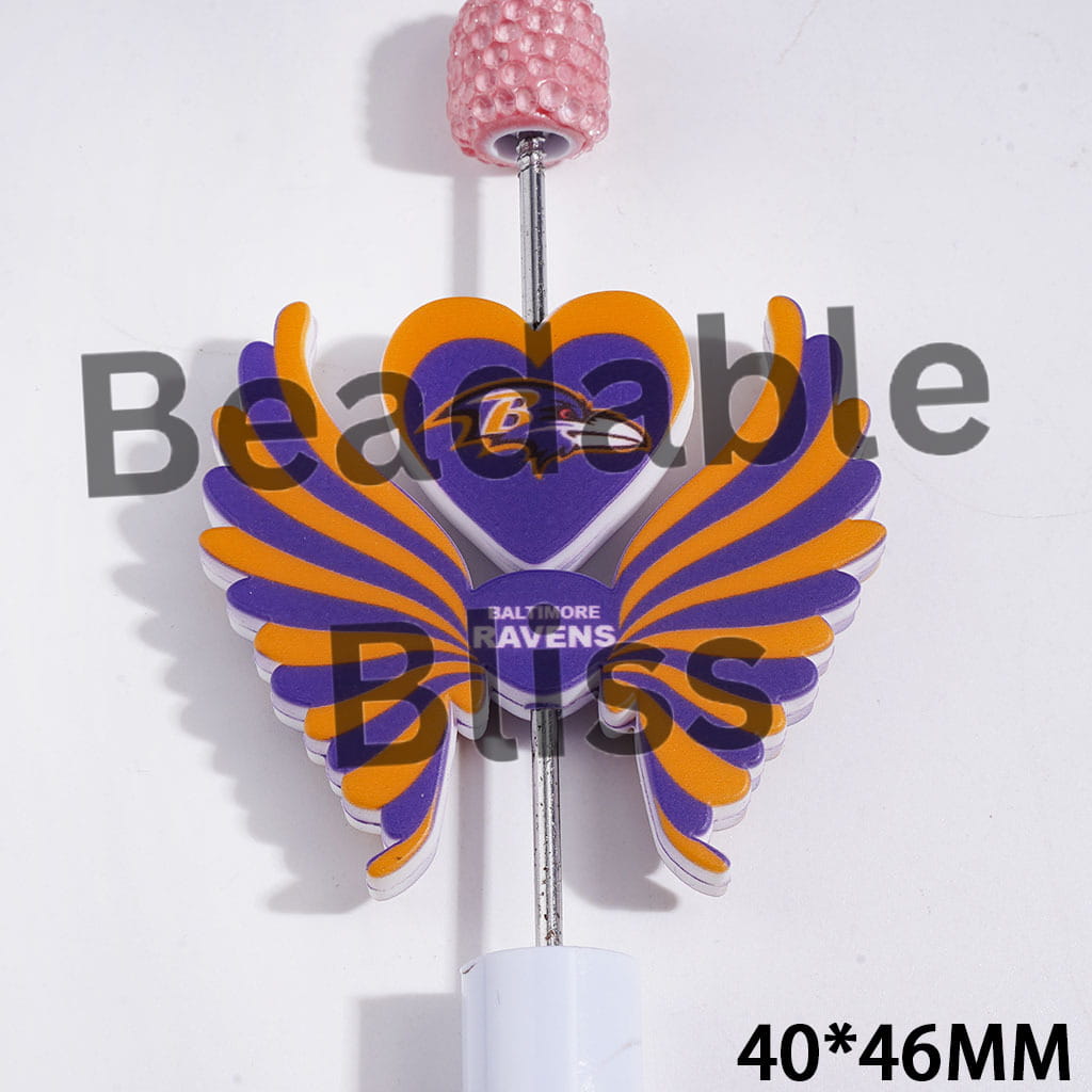 Printed Silicone Focal Beads Baltimore Football Team Pattern, Heart and Wing Set, 40*46MM