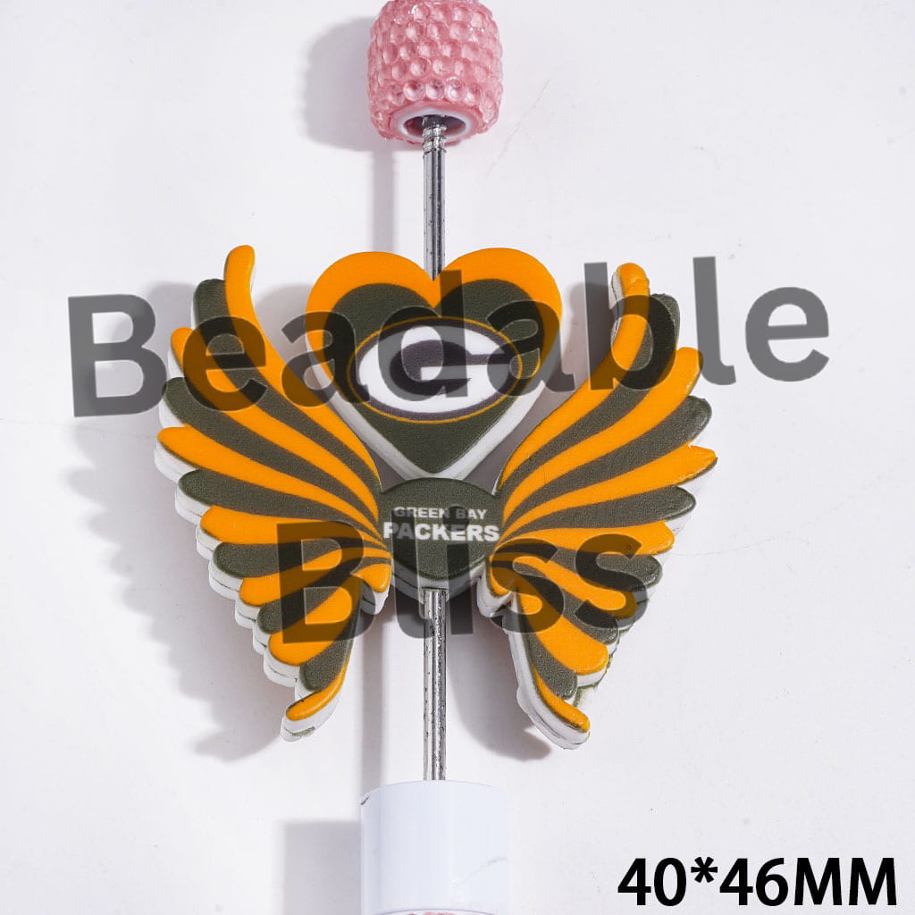 Printed Silicone Focal Beads Green Bay Football Team Pattern, Heart and Wing Set, 40*46MM