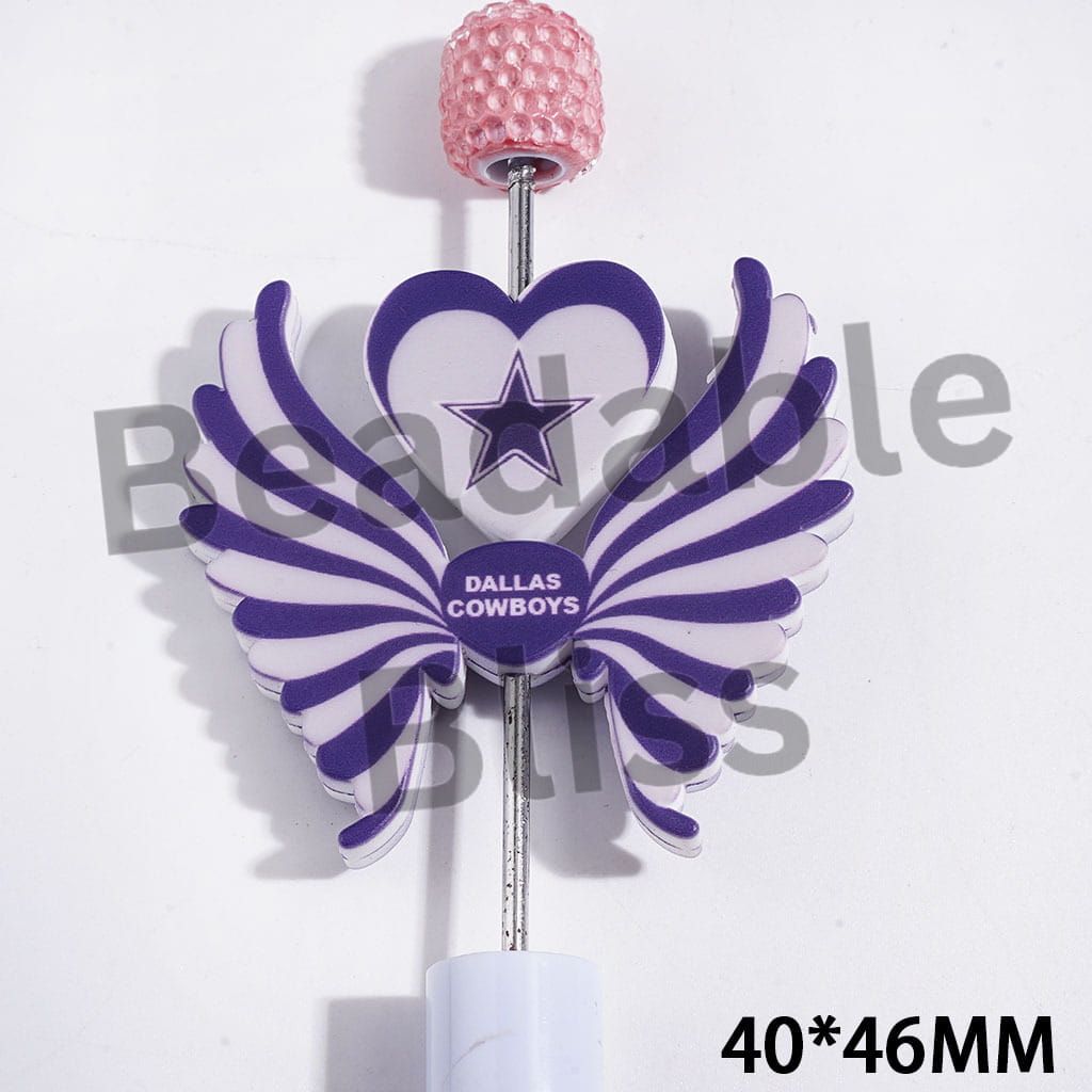 Printed Silicone Focal Beads Dallas Football Team Pattern, Heart and Wing Set, 40*46MM