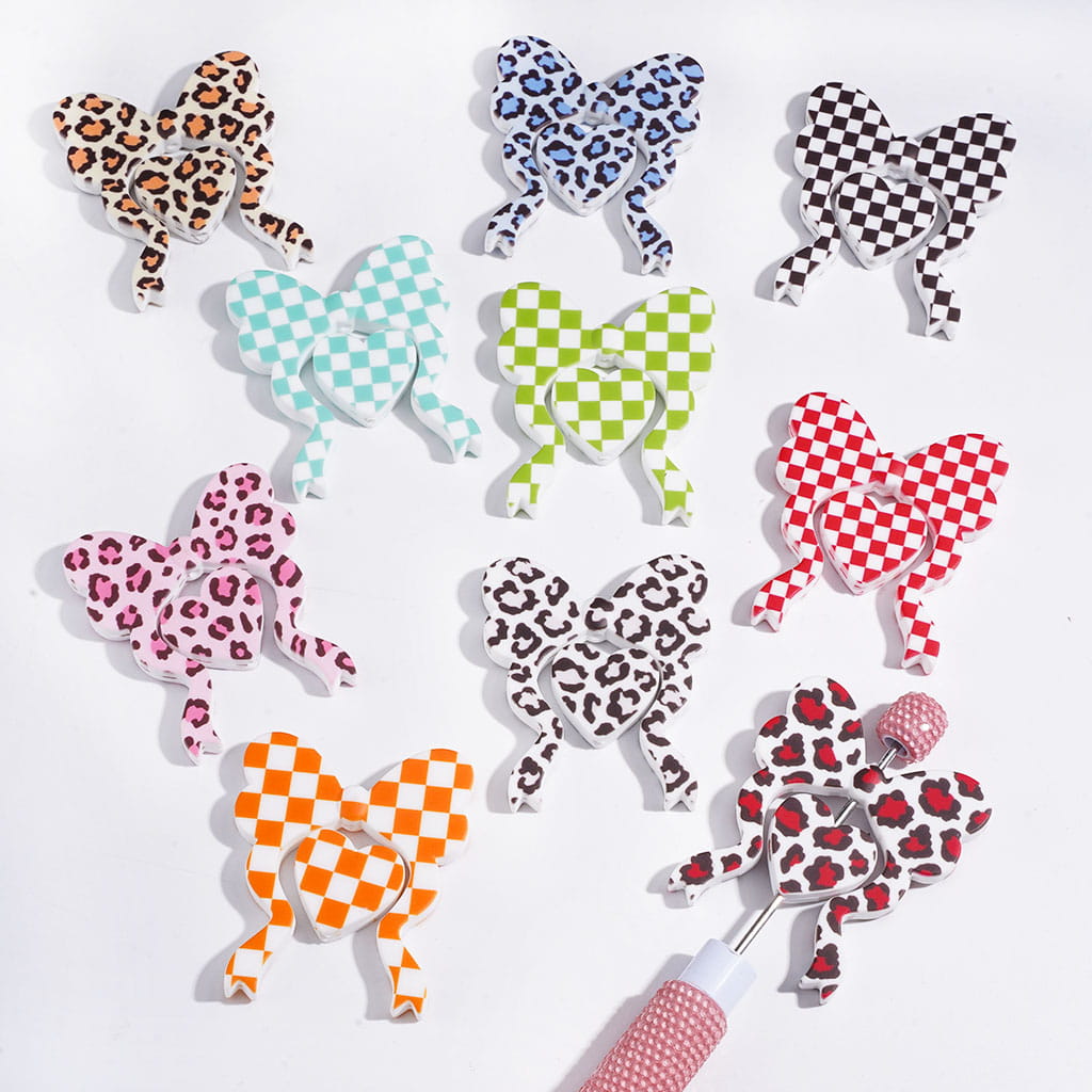 Printed Silicone Focal Beads with Checkered and Leopard Pattern, Heart and Bowtie Set, 45*53MM, Multi-Color Random Mix