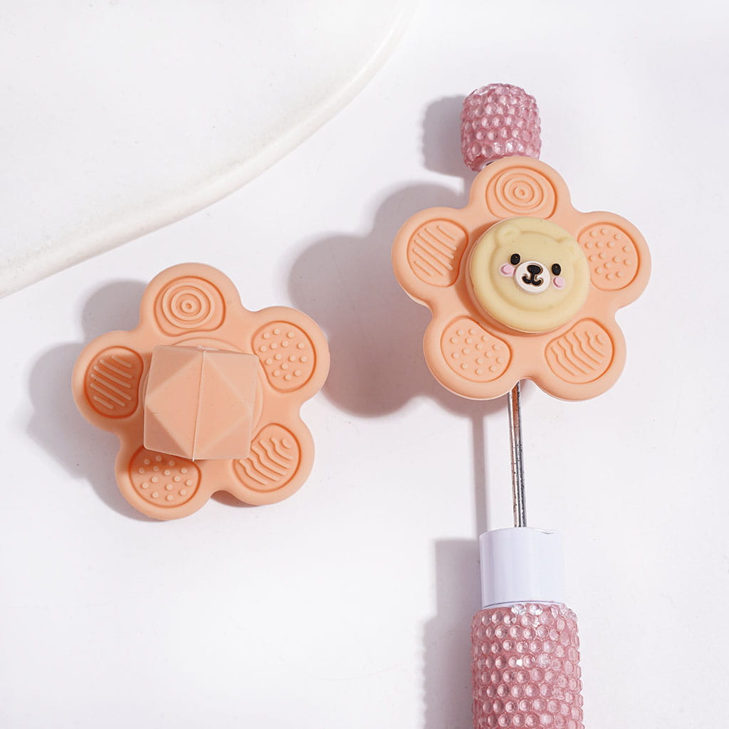 3D Cartoon Spinning Flower with Multi-Faceted Silicone Bead and Bear Head, Silicone Fidget Beads for Pens