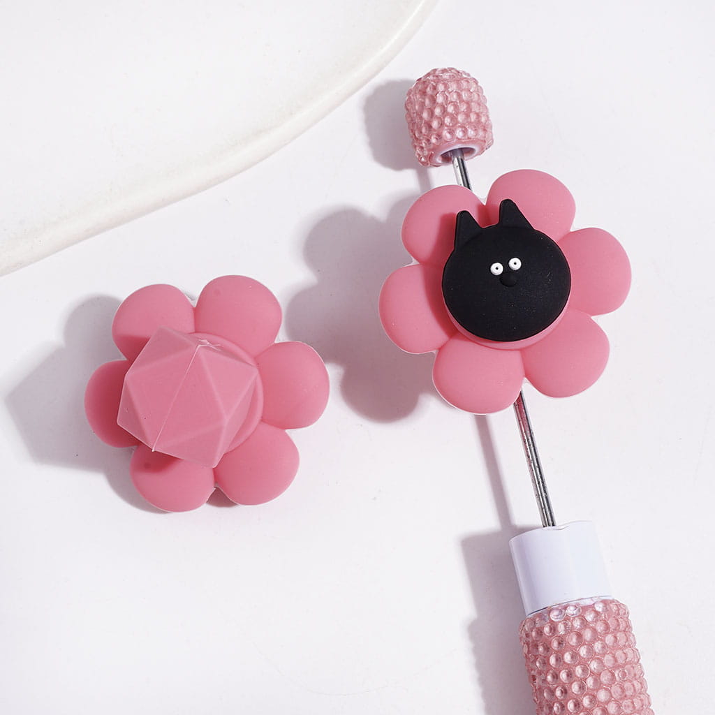 3D Novelty Pink Spinning Flower with Multi-Faceted Silicone Bead and Black Cat Head, Silicone Fidget Beads for Pens