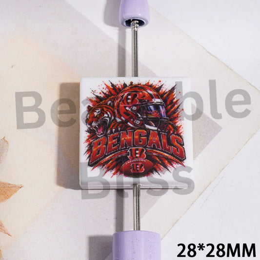 Silicone Focal Beads with Cincinnati Football Team Pattern, Flat Square Shape, 28*28MM