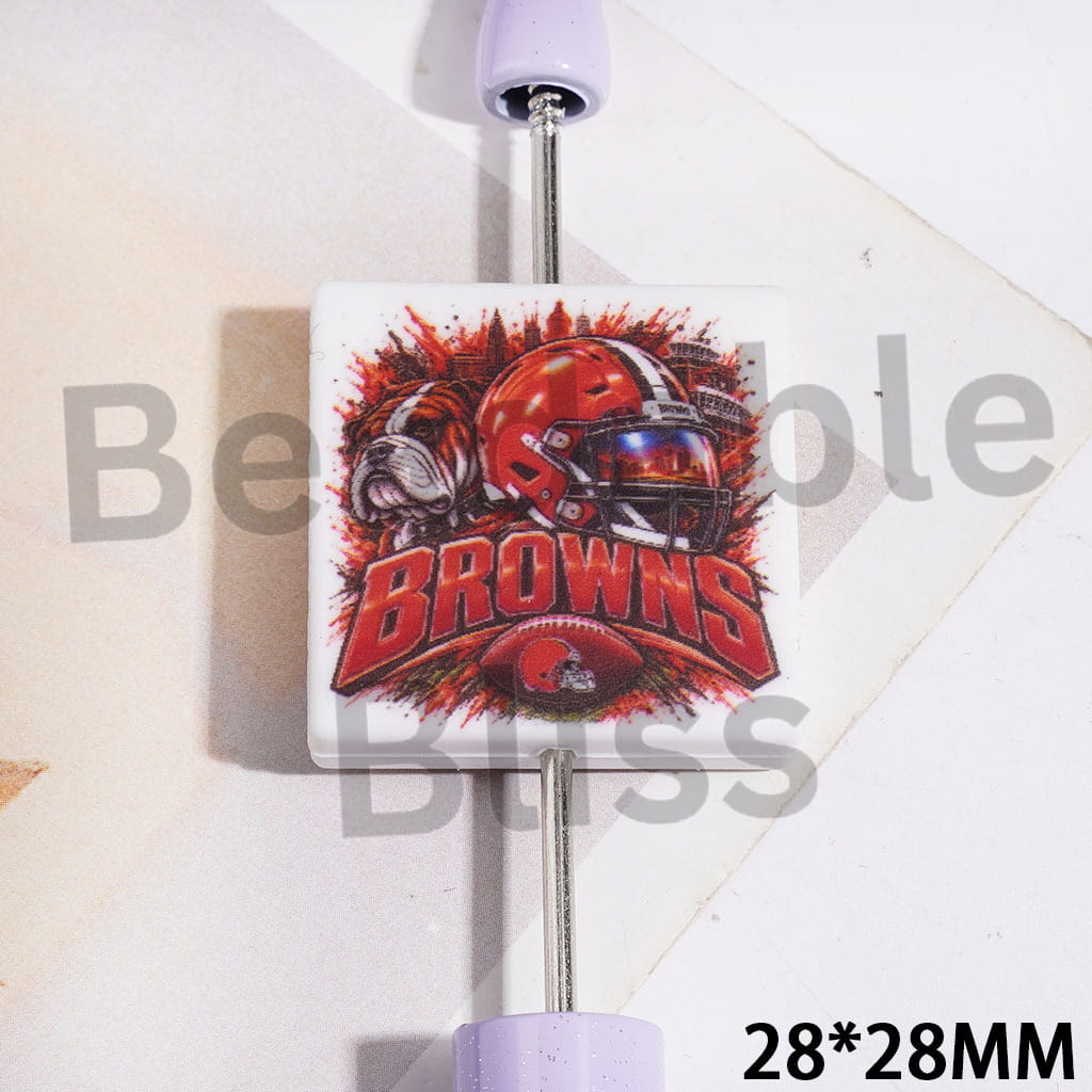 Silicone Focal Beads with American Cleveland Football Team Pattern, Flat Square Shape, 28*28MM