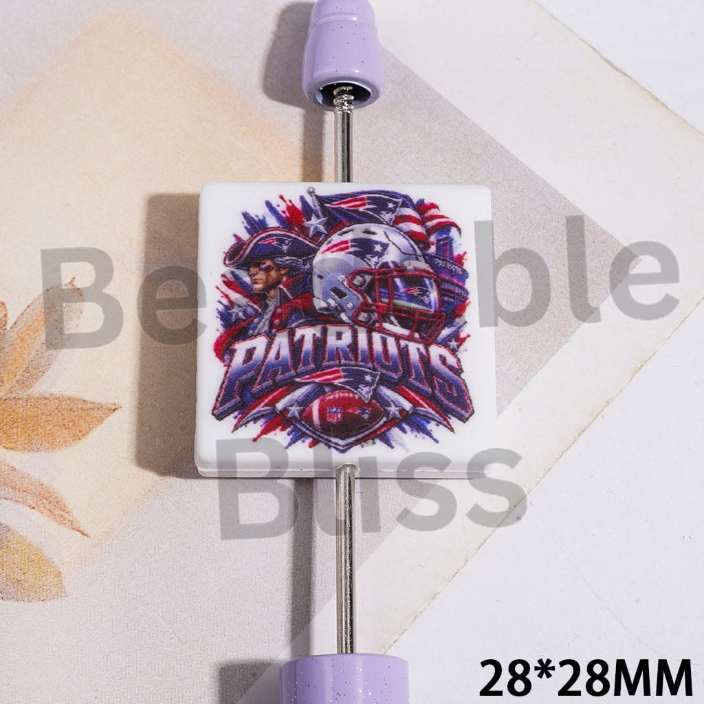 Silicone Focal Beads with American Football NE Patriotic Team Pattern, Flat Square Shape, 28*28MM