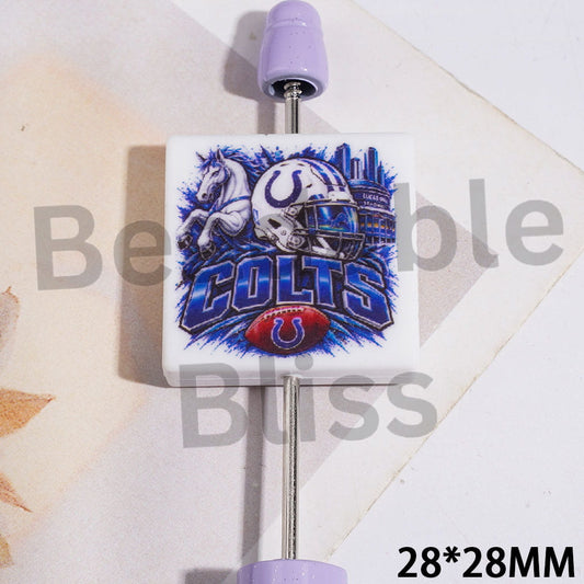 Silicone Focal Beads with American Indy Football Team Pattern, Flat Square Shape, 28*28MM