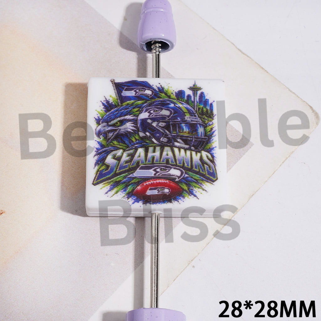 Silicone Focal Beads with American Seattle Football Team Pattern, Flat Square Shape, 28*28MM