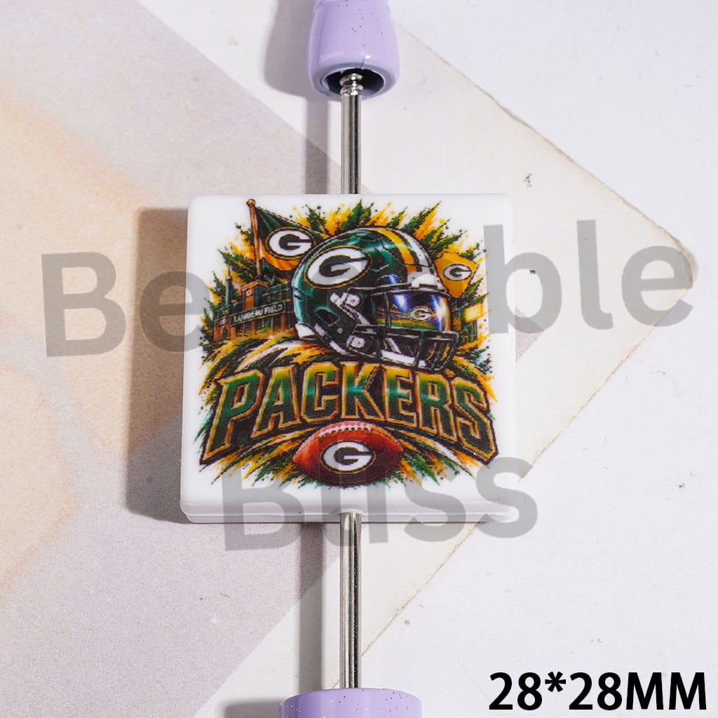 Silicone Focal Beads with Green Bay Football Team Pattern, Flat Square Shape, 28*28MM