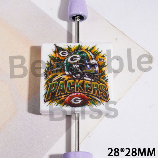 Silicone Focal Beads with Green Bay Football Team Pattern, Flat Square Shape, 28*28MM