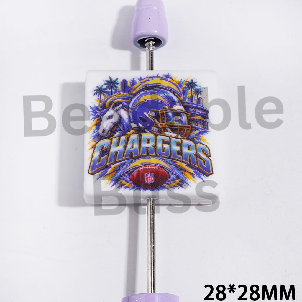 Silicone Focal Beads LA Chargers Football Team Pattern, Flat Square Shape, 28*28MM