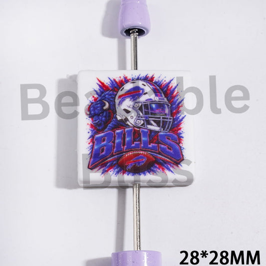 American Football Buffalo Team Pattern Silicone Focal Beads, Flat Square Shape, 28*28MM