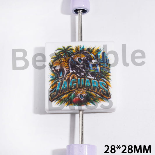 Silicone Focal Beads American Football Jacksonville Team Pattern, Flat Square Shape, 28*28MM