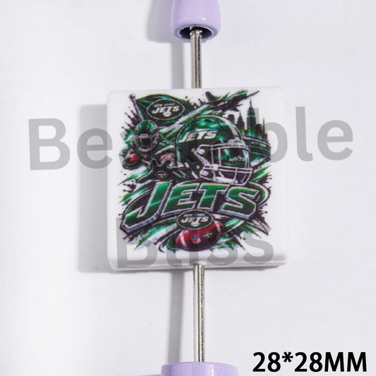 Silicone Focal Beads NY Jets Football Team Pattern, Flat Square Shape, 28*28MM