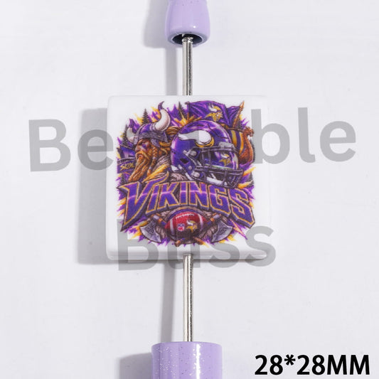 Silicone Focal Beads Minnesota Football Team Pattern, Flat Square Shape, 28*28MM