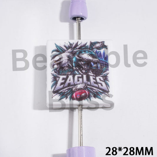 American Football Bird Team Pattern Silicone Focal Beads, Flat Square Shape, 28*28MM