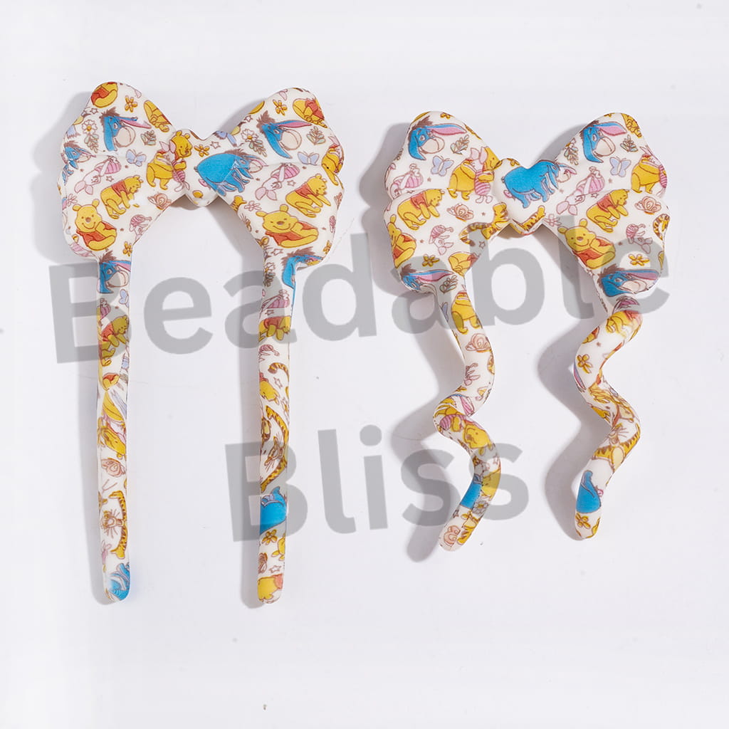 3D Pliable Food Grade Soft with Classic Animation Animal Character Print Silicone Focal Beads, 97*52MM (Video Usage Instructions)