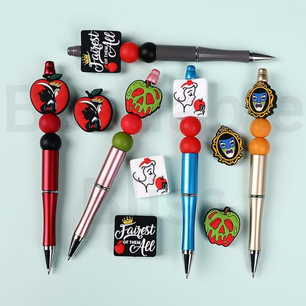 Collection of decorative pens with unique designs on a light blue background

