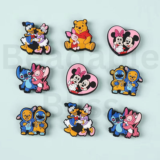 Set of cartoon character pins on a light blue background with 'beadablebliss.com' branding.

