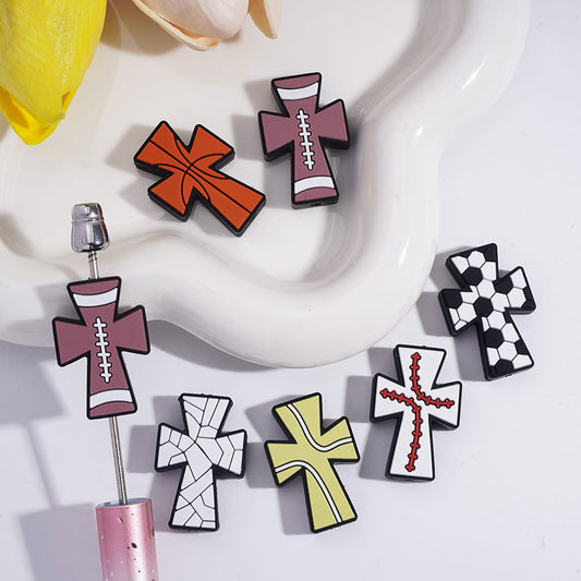 Silicone Focal Beads Jesus Cross with Soccer Football & Baseball & Volleyball Texture
