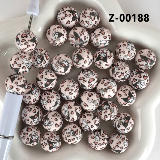 Cute Pink Heart Adorable Character Round Printed Silicone Beads 15MM, Number Z-00188