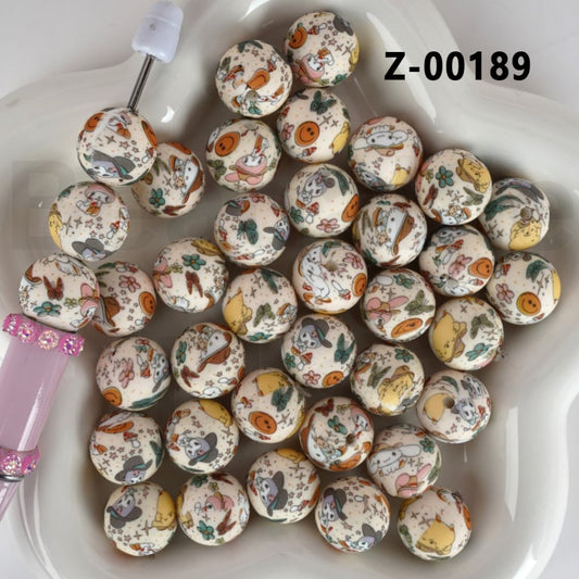 Cute Cat Character with Hats Round Printed Silicone Beads 15MM, Number Z-00189