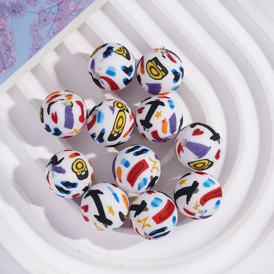 Printed Silicone Beads Round with Sports Gym Equipment Prints, 15MM