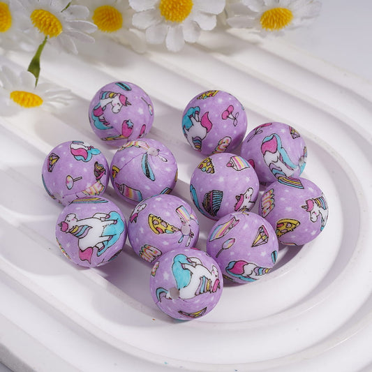 Printed Silicone Beads Purple Round with Unicorn and Iridescent Food , 15MM