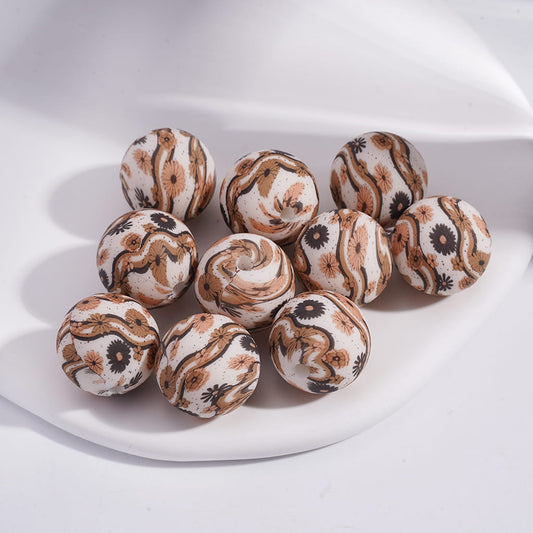Printed Silicone Beads Soft Round with Brown-Black Daisy Flowers and Wavy Stripes Prints, 15MM