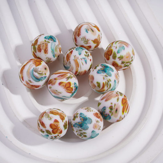 Printed Silicone Beads Round with Flowers Leaves Butterflies Prints, 15MM