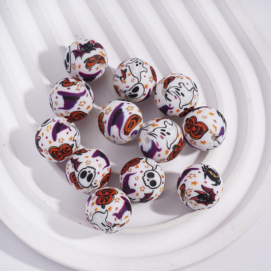 Printed Silicone Round Beads with Skull Spider Pumpkin Bat Halloween Prints, 15MM