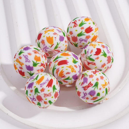 Printed Silicone Beads with Tulip Flowers and Bowknots Prints, 15MM