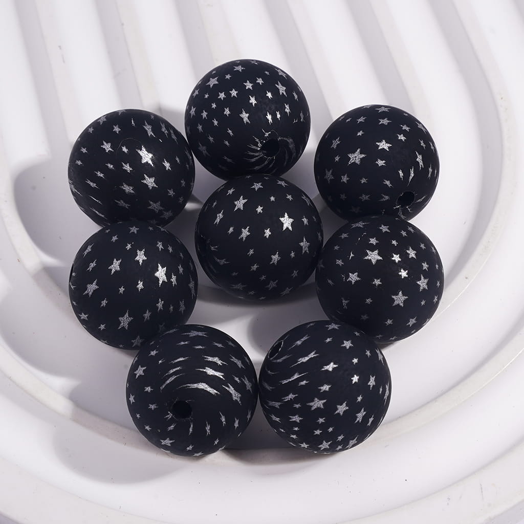 Printed Silicone Beads with Silver Stars Prints in Black Round, 15MM