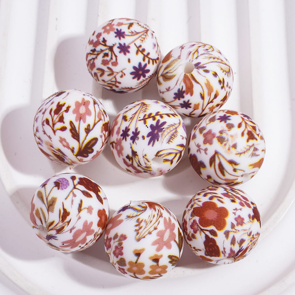 Printed Silicone Beads Round with Various Types Flowers Prints, 15MM