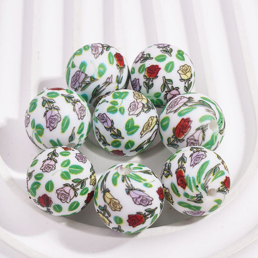 Printed Silicone Beads Round with Green Leaves and Assorted Colors Rose Flowers Prints, 15MM