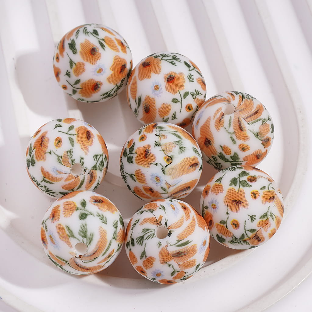 Printed Silicone Beads White Round with Light Blue Yellow Flowers Patterns, 15MM