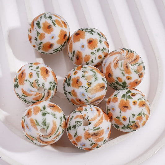 Printed Silicone Beads White Round with Light Blue Yellow Flowers Patterns, 15MM
