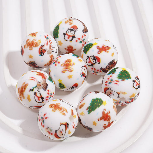Printed Silicone Beads with Deer Penguin Gingerbread Candy Cane Christmas Tree Santa Claus Snowman Prints, 15MM