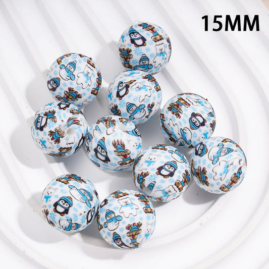 Silicone Beads Round with Christmas Reindeer Fox Snowflake Penguin Snowman, 15MM