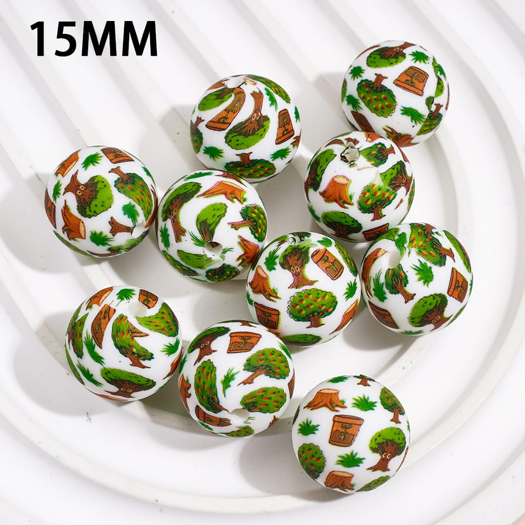 Printed Silicone Beads Round with Grass Tree  Potted Plant Stump, 15MM