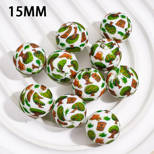 Printed Silicone Beads Round with Grass Tree  Potted Plant Stump, 15MM